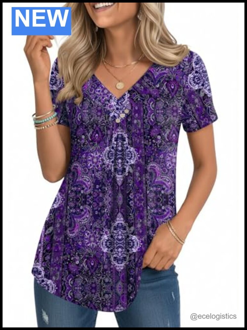 V Neck Short Sleeve Tunic Blouse Pleated Summer Top